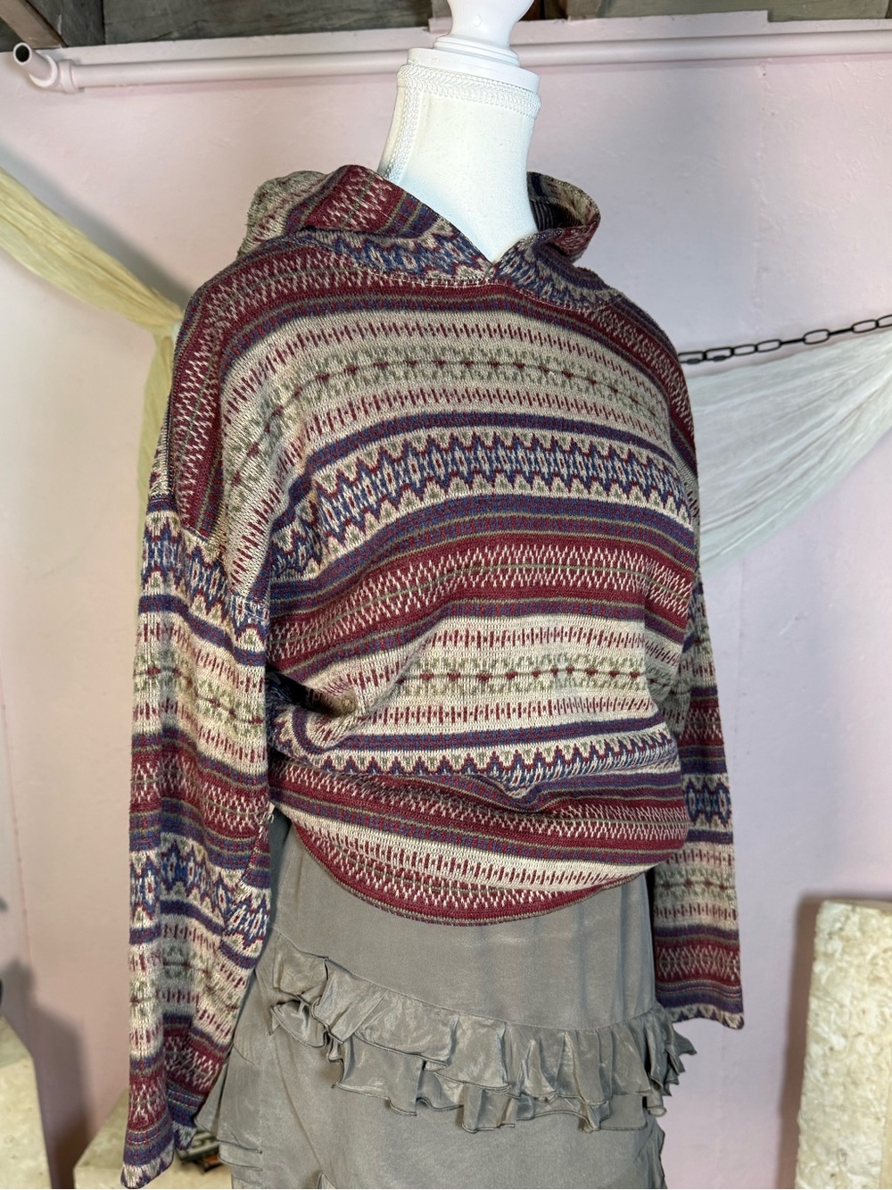 Vintage 90s Fair Isle Knit Hooded Sweater